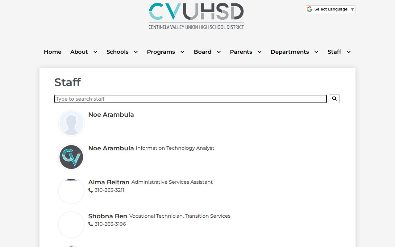 Hawthorne people directories screenshot of the Centinela Valley staff search
