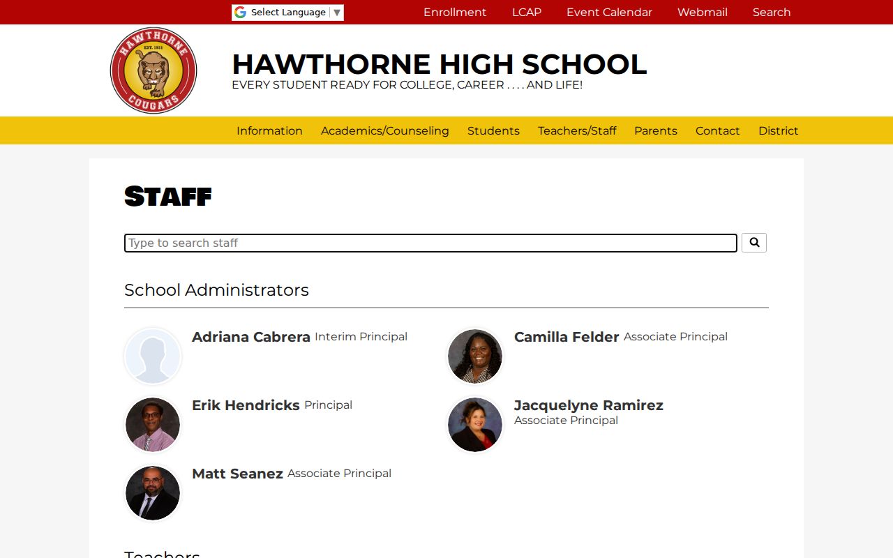 Hawthorne people directories screenshot of Hawthorne High School staff listings