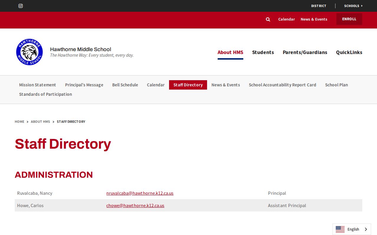 Hawthorne people directories screenshot of Hawthorne Middle School staff