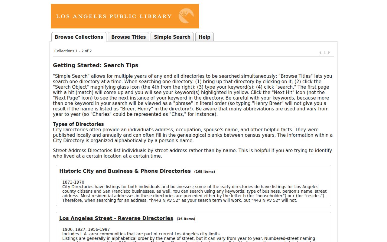 Hawthorne people directories screenshot of LAPL ResCarta city directory volumes